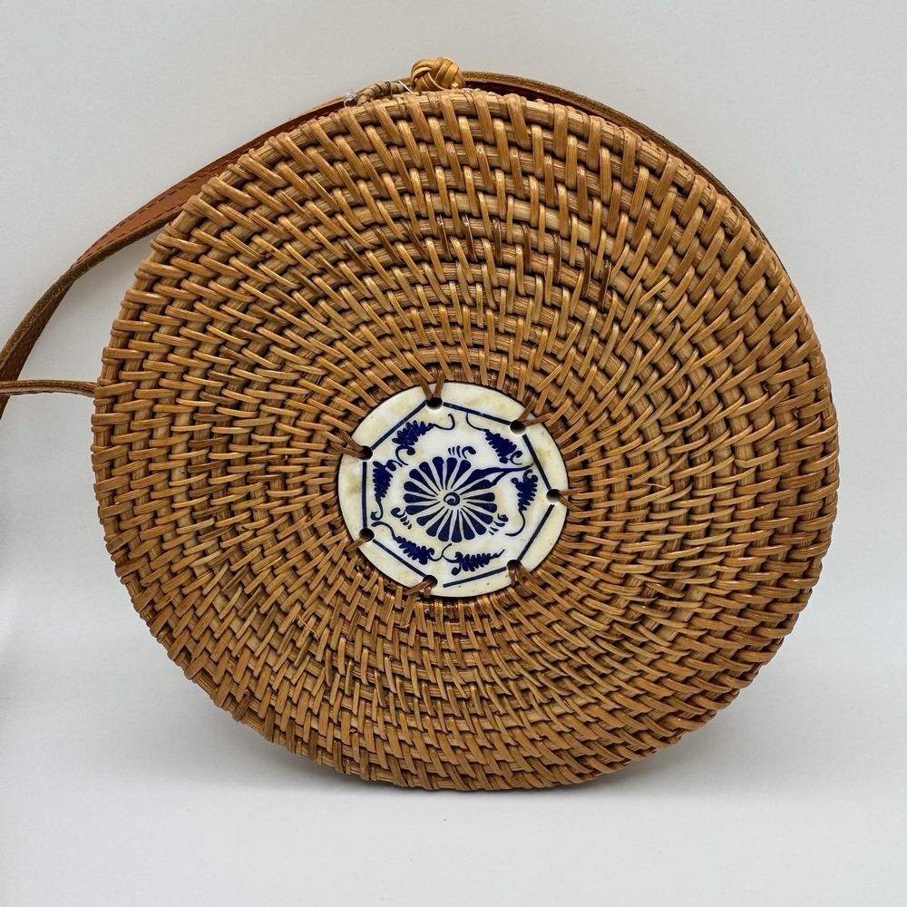 Rattan Round Bag Shoulder Strap Purse Crossbody Ceramic‎ Tile Boho Chic